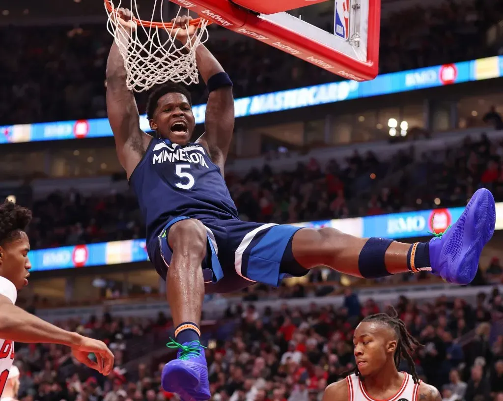 Minnesota Timberwolves #5 Anthony Edwards dunks against the Chicago Bulls. Michael Reaves/Getty Images