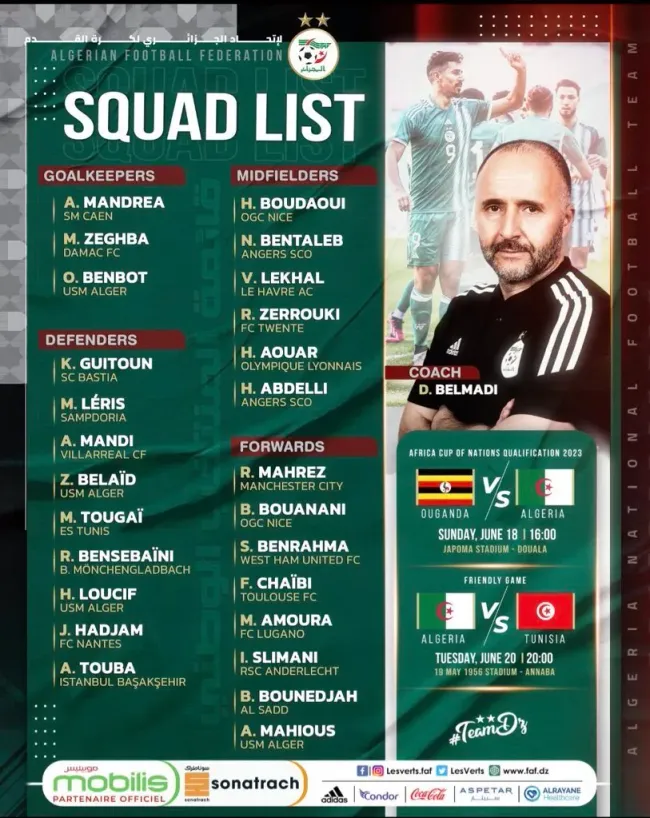 Lista de convocados de la selección de Argelia para la fecha FIFA de junio de 2023.