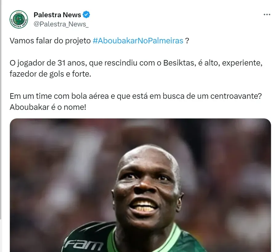 Gostariam que o Palmeiras tentasse a contratação do centro avante Aboubakar  (31 anos)? Foi dispensado do Besiktas junto com mais 4 jogadores devido ao  'mal desempenho', porém tem 11 gols e 3