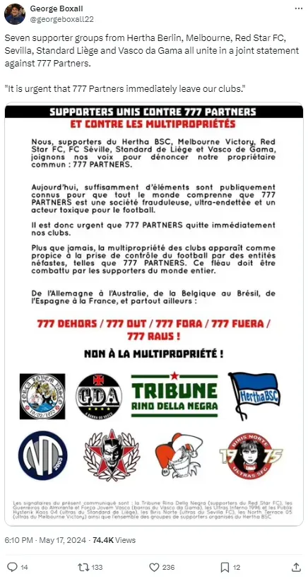 Fans have written a joint statement demanding 777 Partners leave their teams.