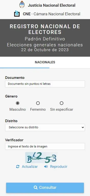 Asi se ve la web para consultar los datos de las elecciones presidenciales del 22 de octubre en Argentina | Foto: www.padron.gob.ar