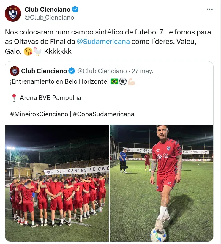 Cienciano devolvió el golpe a Atlético Mineiro. (Foto: Captura X Cienciano)