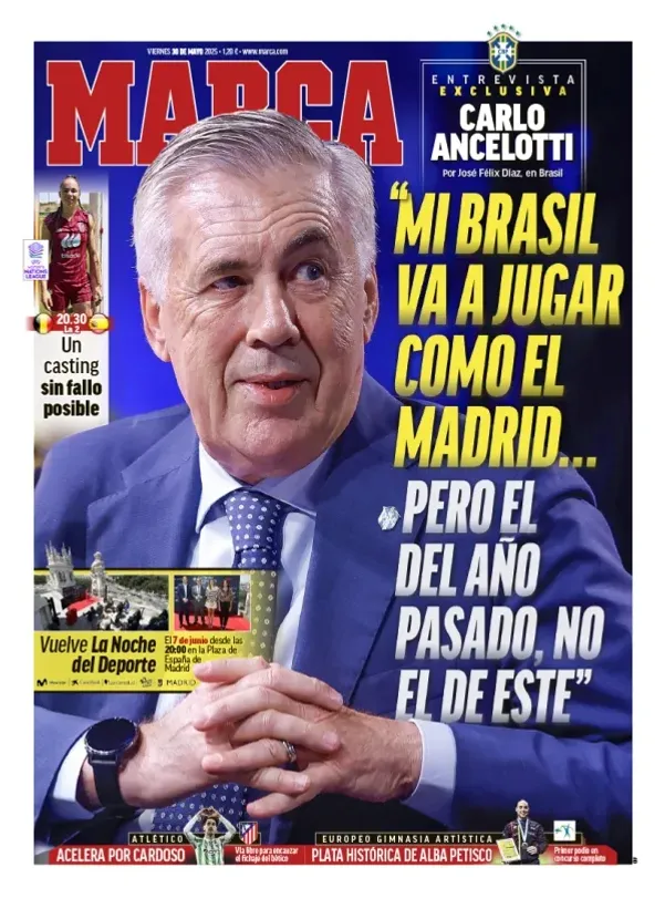 A capa do jornal espanhol com a entrevista a Ancelotti em destaque. Foto: Marca.