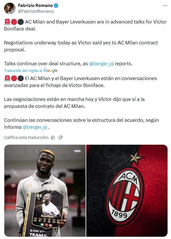 ¿Peligra Santi Giménez? Milan tendría amarrado a Víctor Boniface (X)