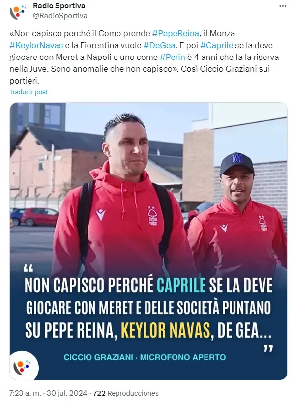 Graziani atacó a Keylor Navas y los otros porteros veteranos. (Twitter)