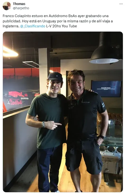 Colapinto estuvo en Argentina este fin de semana. (Imagen: Thomas Harpe vía redes)