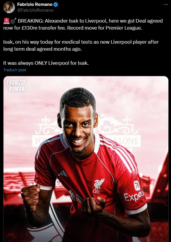 Fabrizio Romano confirma fichaje de Isak (Foto: X).
