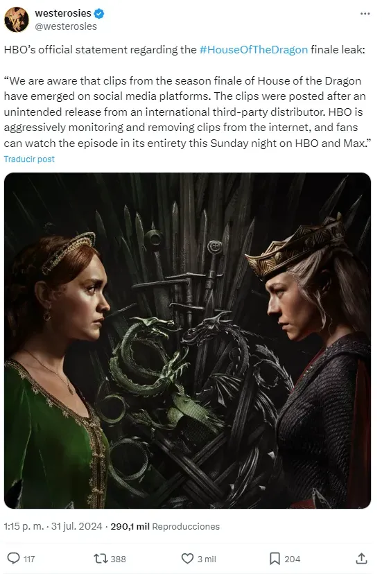 HBO ya ha emitido un comunicado sobre las filtraciones del último capítulo de la temporada 2 de su serie estrella. Imagen: X.