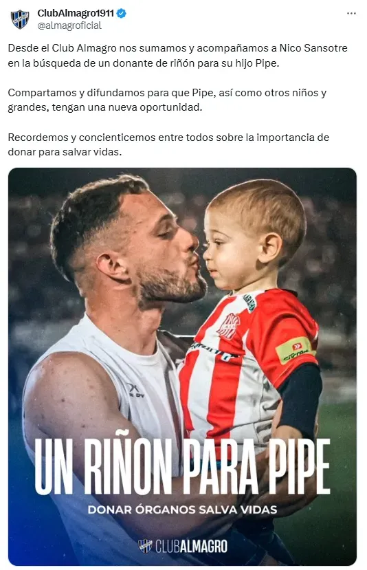 Clubes como Almagro se sumaron a la campaña “Un riñón para Pipe”