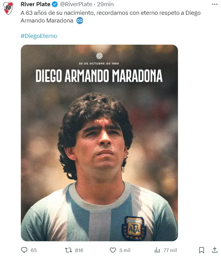 River recordó a Maradona en sus redes.