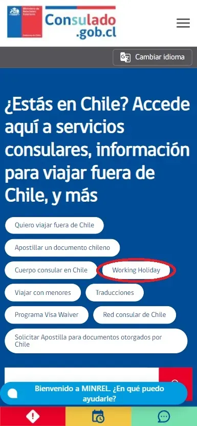 En esta imagen puedes revisar cómo ingresar a la sección “Working Holiday” en el sitio web del Consulado.