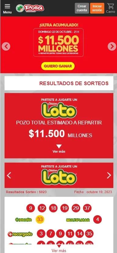 Así se ve el sitio web www.polla.cl desde donde se puede jugar al Loto.