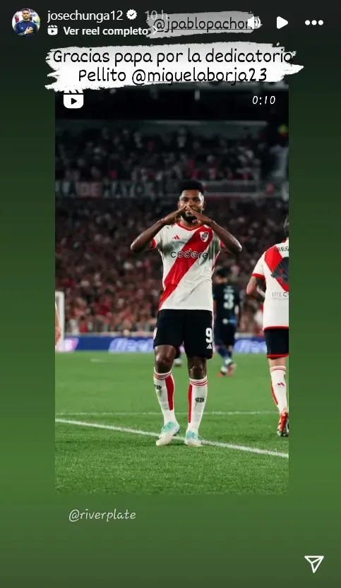 El agradecimiento de José Luis Chunga a Miguel Borja por la dedicatoria de su gol en River vs Independiente Rivadavia de Mendoza (@josechunga12).