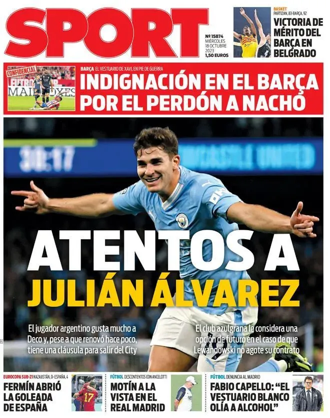 Julián en la portada del Diario Sport de España: ¿se viene un bombazo del Barcelona en el próximo mercado?