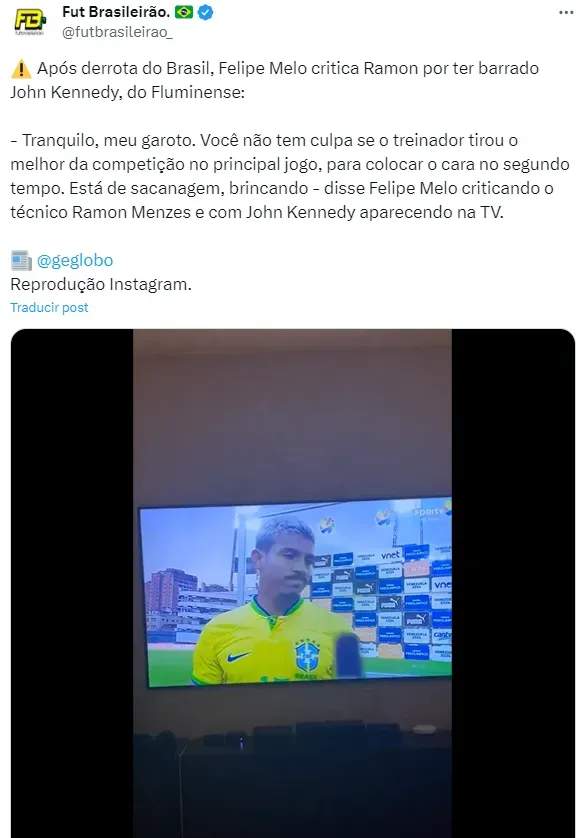 La publicación de Felipe Melo en una historia de su cuenta de Instagram.