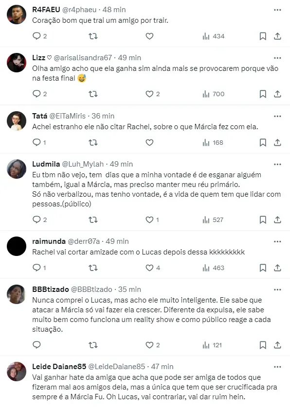 Internautas comentam sobre Lucas Souza defendendo Márcia Fu – Foto: Twitter