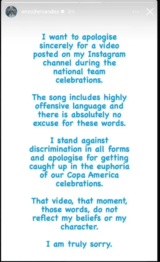 Statement from Enzo Fernandez. Instagram
