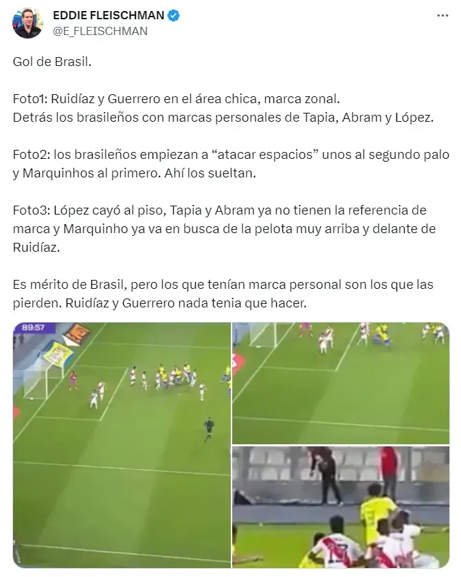 Eddie Fleischman explica que Raúl Ruidíaz no tuvo responsabilidad en el gol de Brasil vs. Perú. Foto: Twitter @E_FLEISCHMAN.