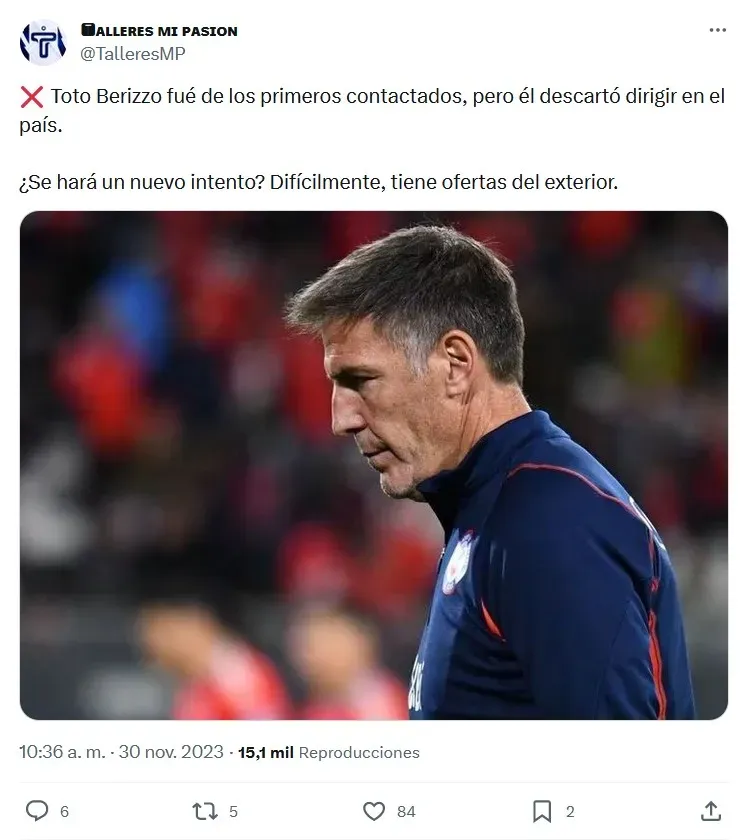 La información sobre el futuro de Eduardo Berizzo (@TalleresMP)