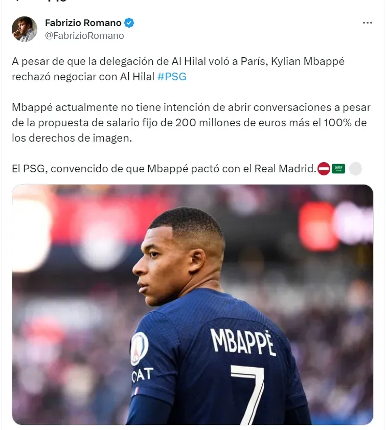 Kylian Mbappé rechazó negociar con Al Hilal su traspaso al fútbol de Arabia Saudita. No aceptará irse vendido a ese club.