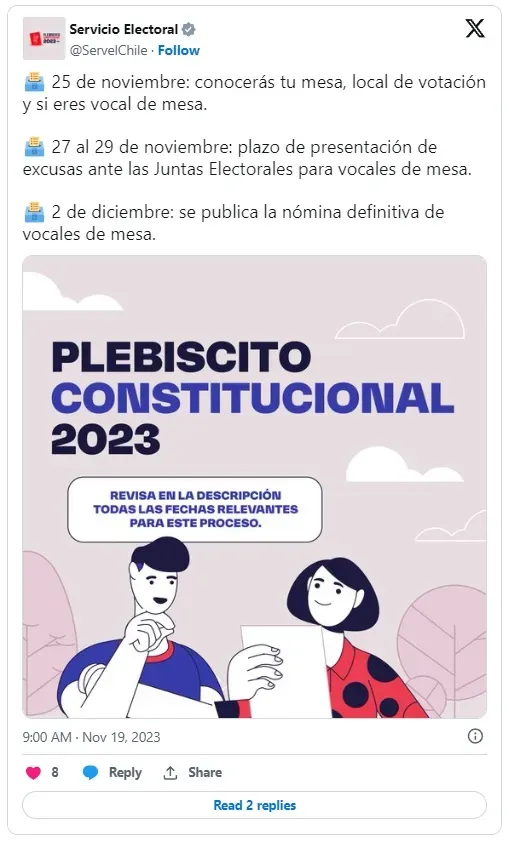 Publicación del Servel en X (ex Twitter) sobre las fechas clave para vocales de mesa