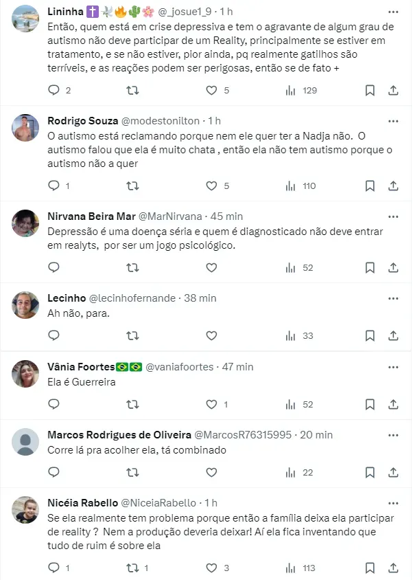 Internautas comentam sobre fala de Nadja Pessoa - Fonte: Twitter