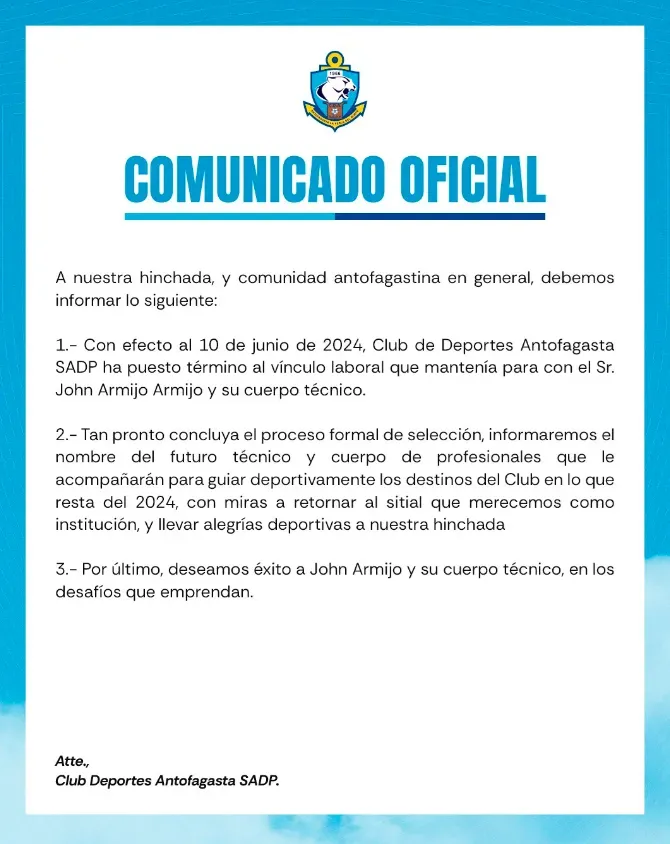 El comunicado que oficializó la salida de John Armijo. (Foto: Deportes Antofagasta).