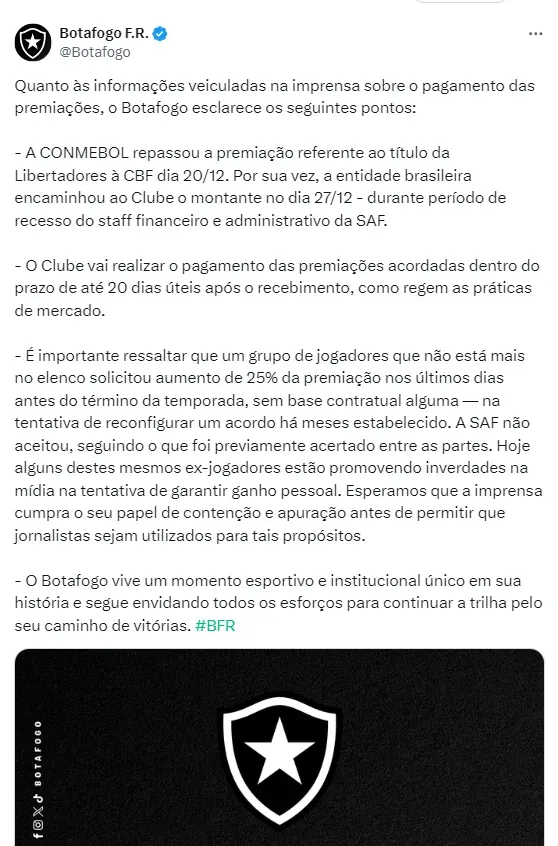 Nota lançada pelo Botafogo (Reprodução)