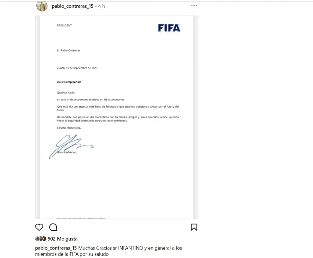 La carta que le llegó a Contreras desde la FIFA firmada por Infantino