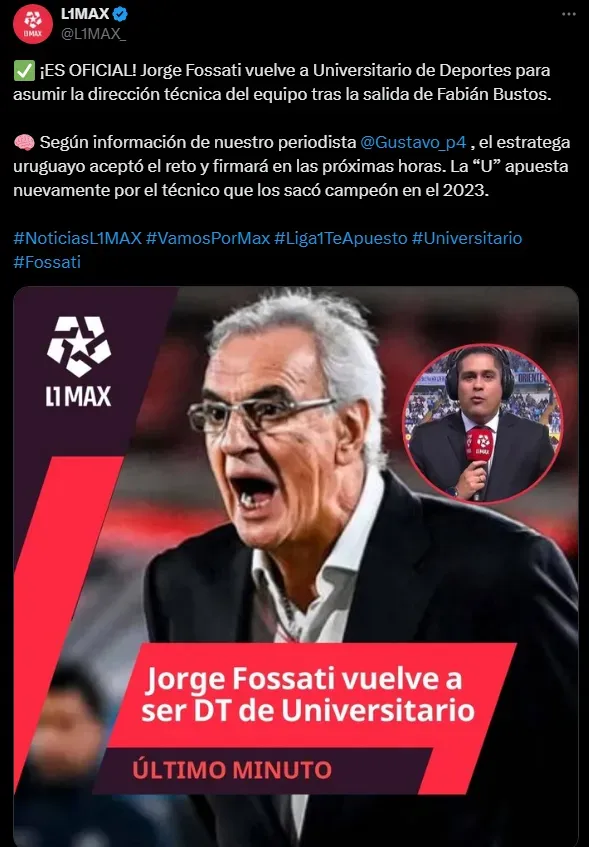 L1 Max confirma vuelta de Jorge Fossati (Foto: X).