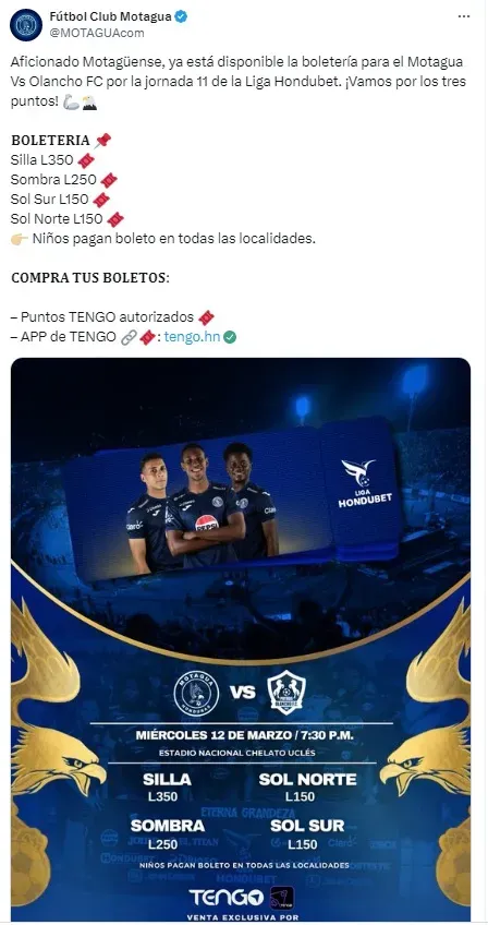 Motagua dio a conocer los precios de los boletos ante Olancho FC.