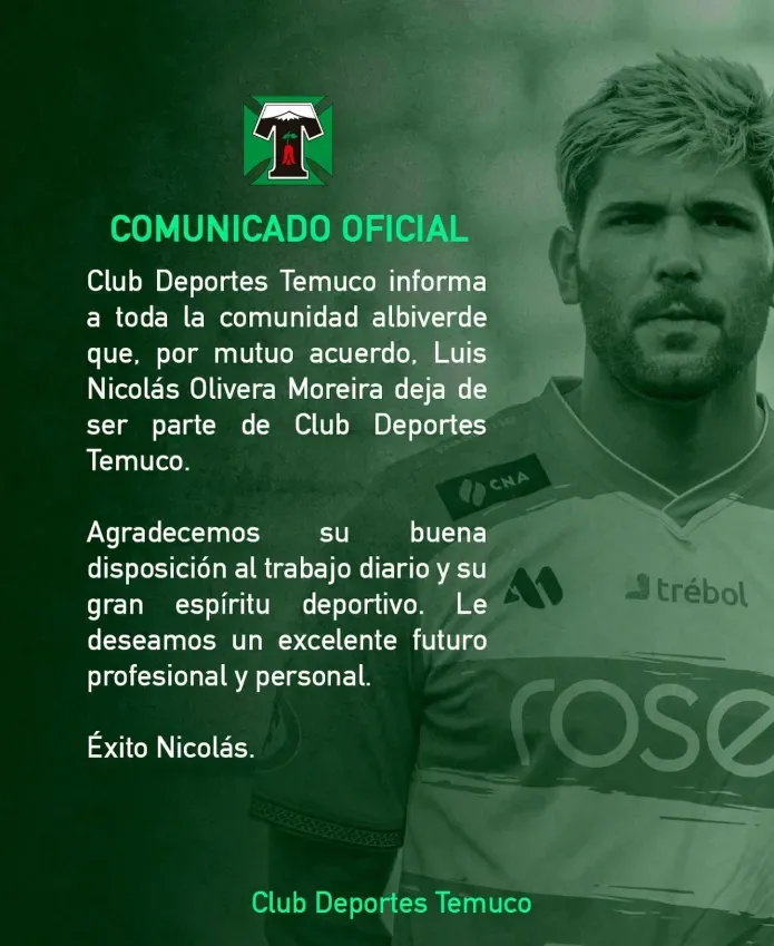 El comunicado de la salida de Nicolás Olivera. (Foto: Deportes Temuco).