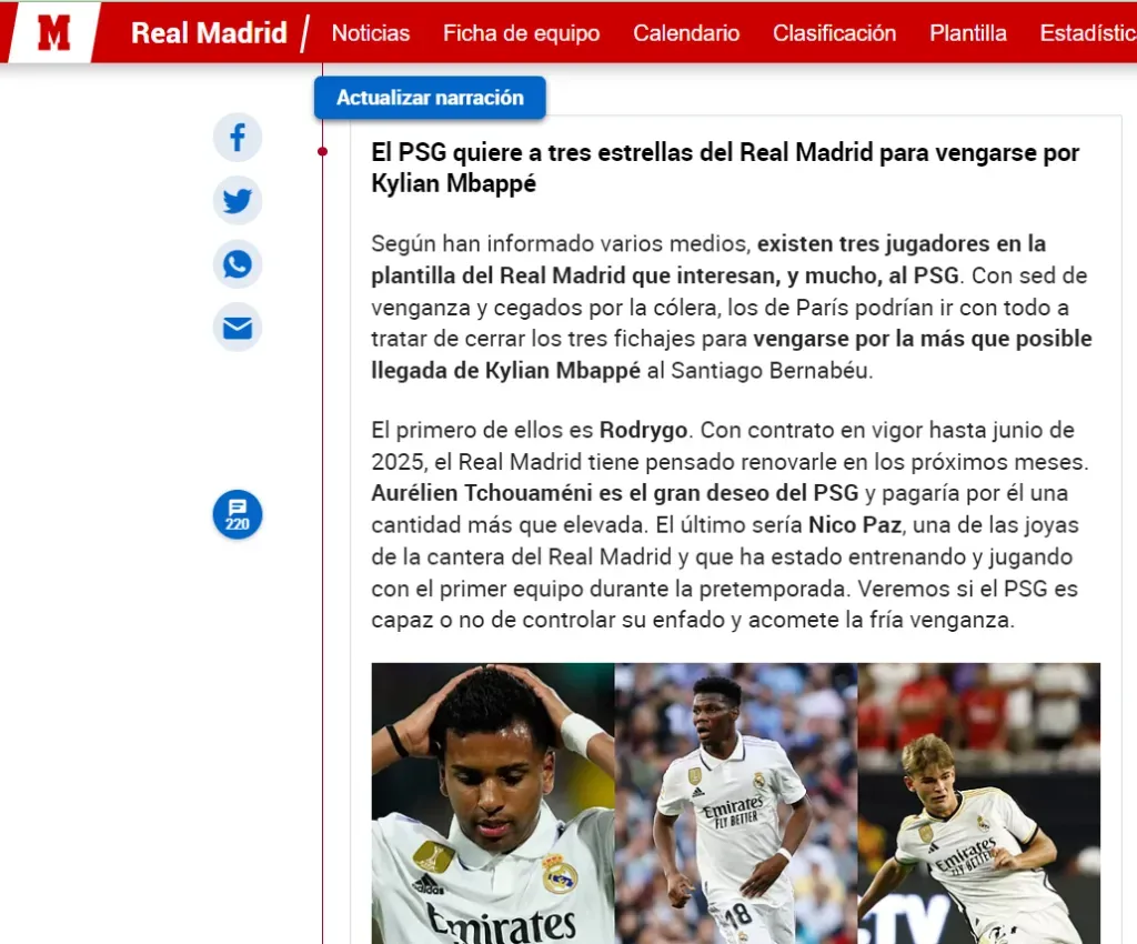 Marca de España se hizo eco de la versión de de los futbolistas que quiere el PSG.