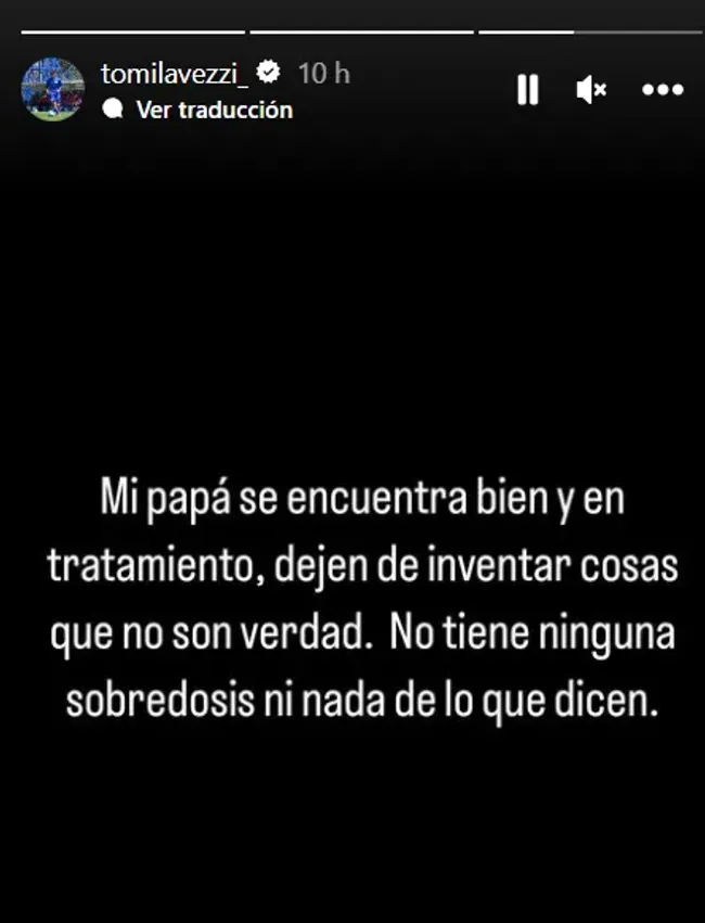 La publicación en Instagram de Tomás Lavezzi sobre el estado de su padre, Ezequiel Lavezzi.