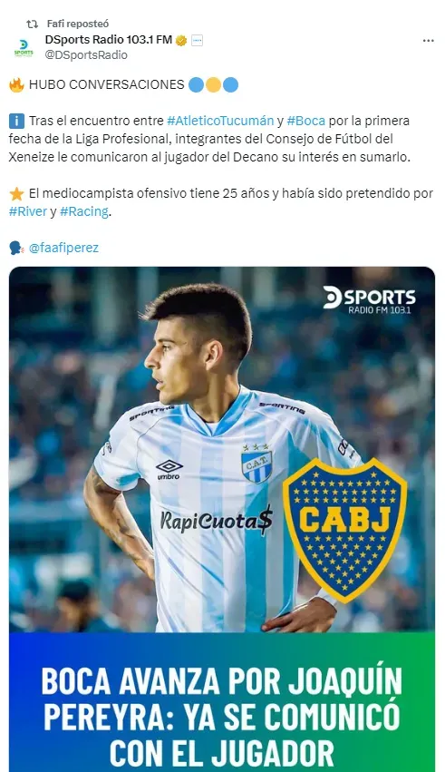 Boca va por Joaquín Pereyra.