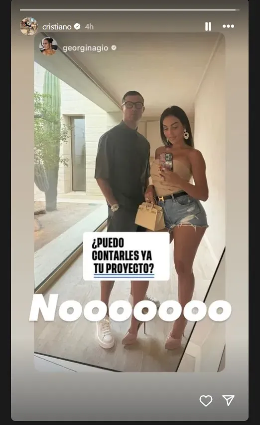 Georgina posts on her Instagram stories the particular question about Cristino Ronaldo’s new project. Via Instagram