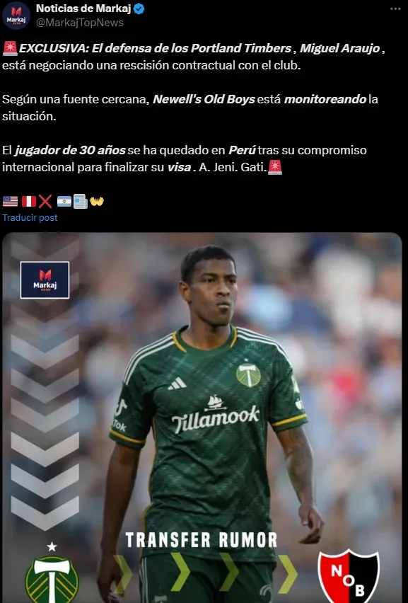 Miguel Araujo y su chance de jugar en Newells’ (Foto: X).