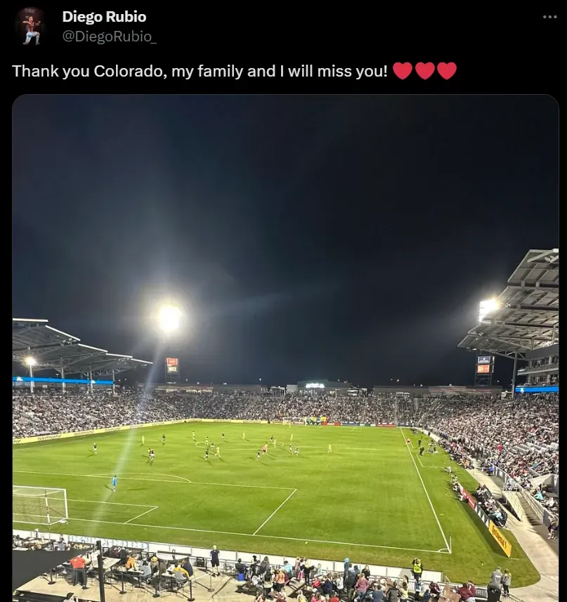 El tuit de Diego Rubio para anunciar su adiós del Colorado Rapids. (Captura).