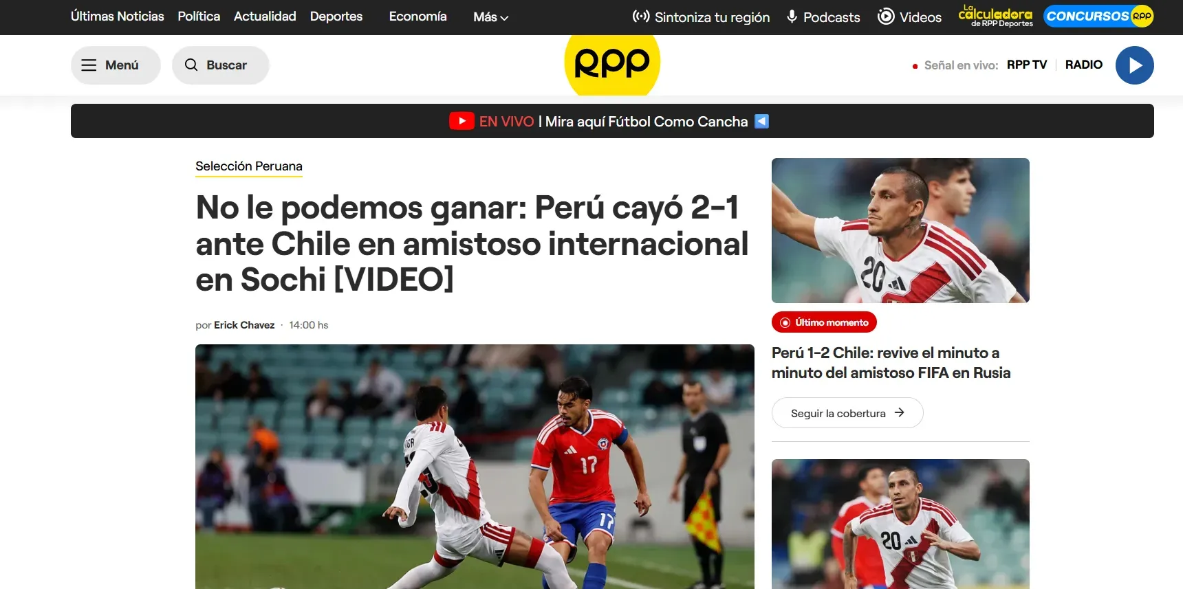 RPP lamentó la nueva derrota de Perú a manos de Chile. (Foto: Captura)