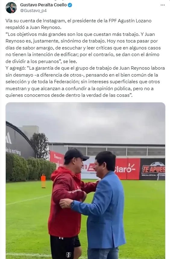 Lozano respaldó a Reynoso en la Selección. | Créditos: Twitter Gustavo Peralta.