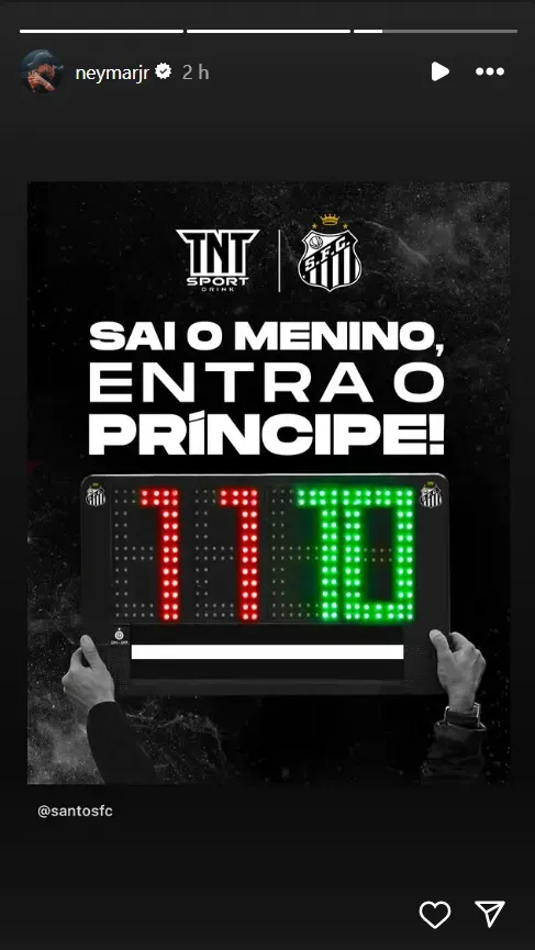 Neymar reposta publicação do Santos antes de sua reestreia no Peixe. (Foto: Reprodução/Instagram)