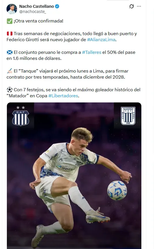 Alianza pagó 1,6 millones a Talleres por el 50% del pase de Girotti. (Foto: X)