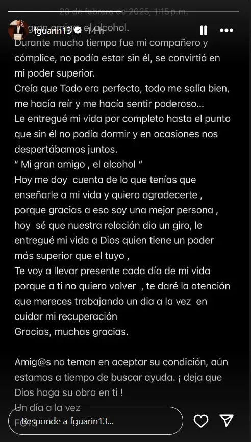 El mensaje de Fredy Guarín. Sigue su lucha contra la adicción al alcohol.