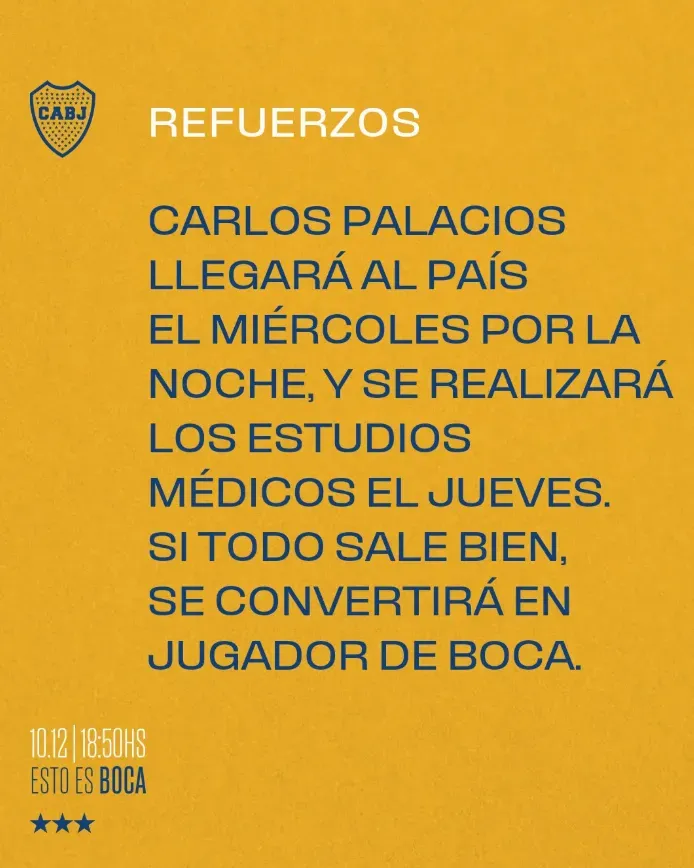 Boca anunció que Carlos Palacios llega al país a hacerse la revisión médica.