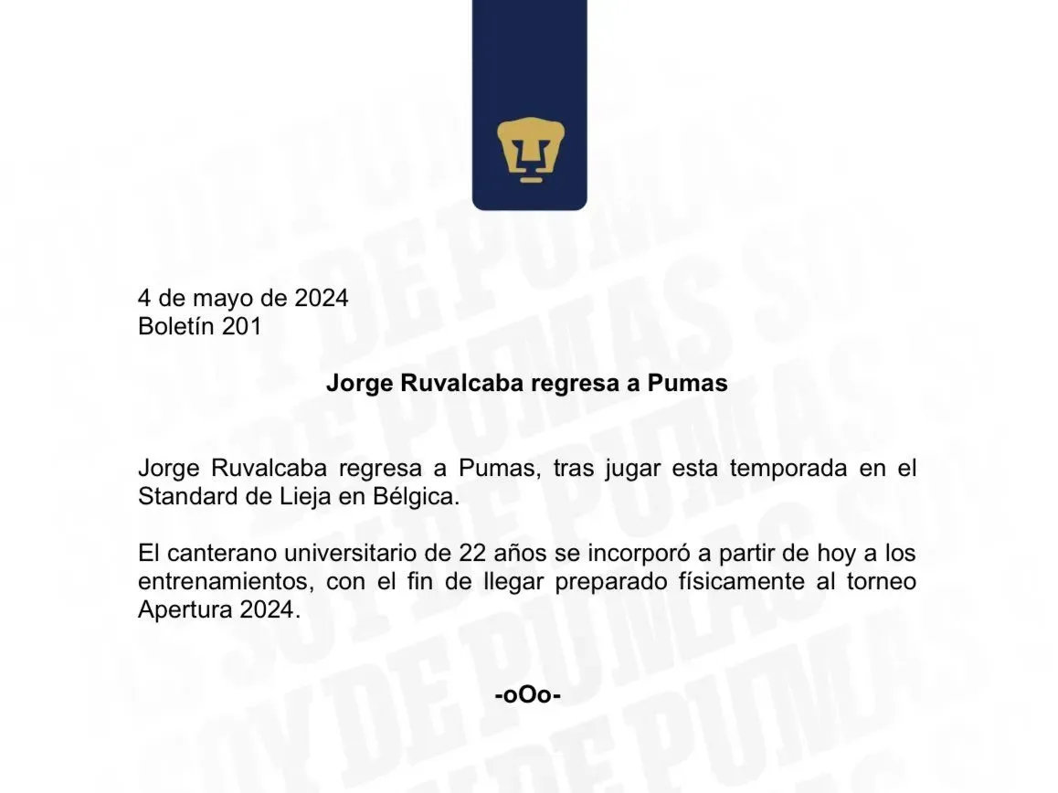 Ruvalcaba regresa a Universidad Nacional. (@PumasMX)
