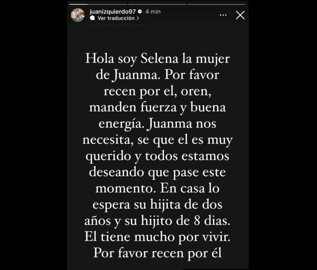 El mensaje de la pareja de Juan Izquierdo en Instagram. [Foto Redes Sociales]