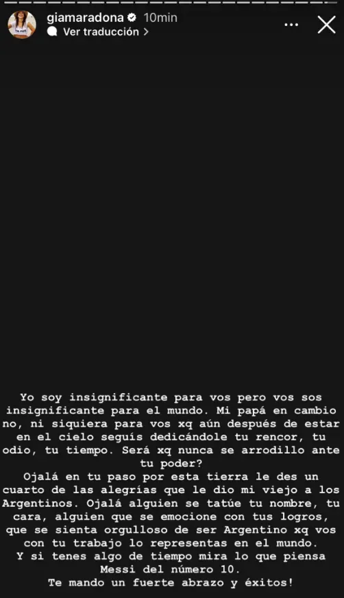 La storie que publicó Gianinna Maradona este martes, en contra de Mauricio Macri.