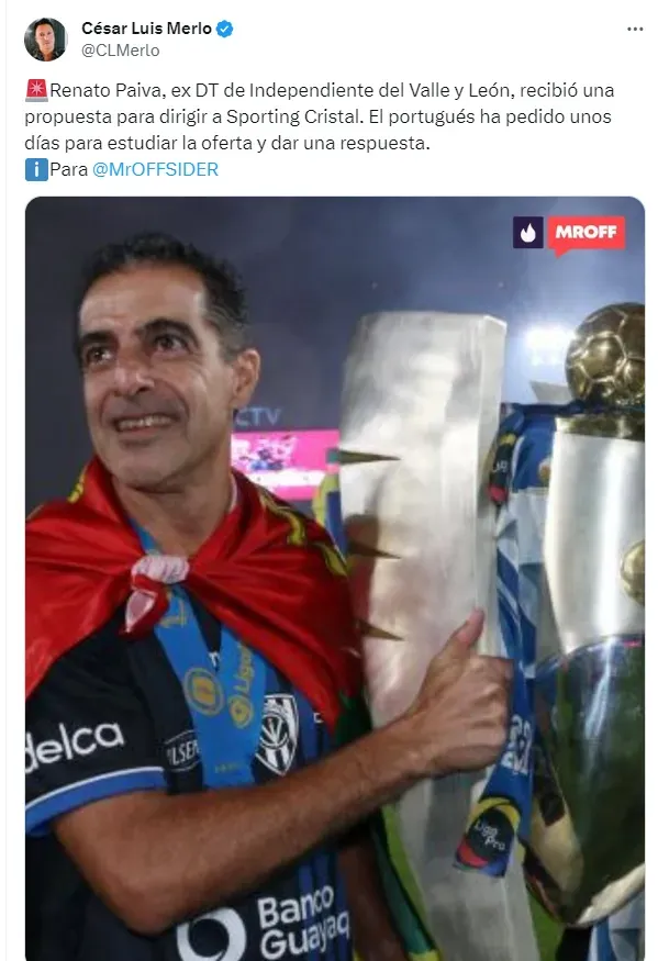 Sporting Cristal va por Renato Paiva, (Foto: Cuenta X de César Luis Merlo)