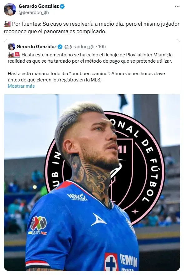 La reacción de Gonzalo Piovi a caída de su fichaje por Inter Miami (X)