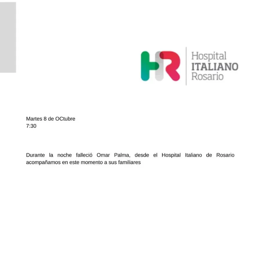 El comunicado oficial del Hospital Italiano de Rosario tras el fallecimiento de Omar Palma.